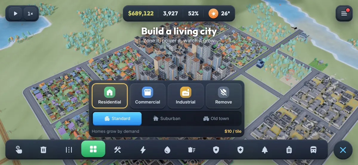 Boomtown on iPhone: the zoning menu over a growing city